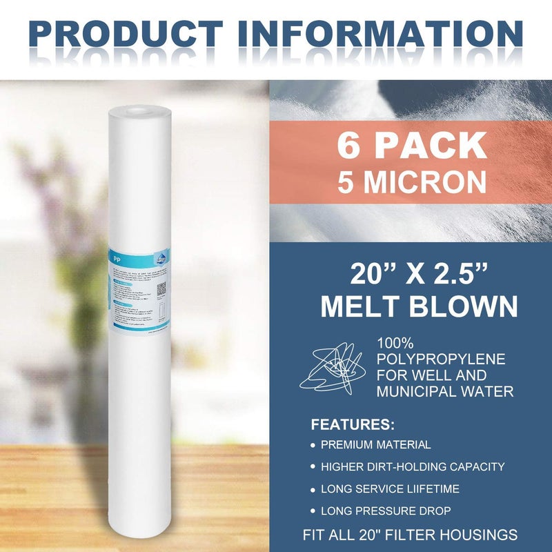 Membrane Solutions 5 Micron Sediment Water Filter Replacement Polypropylene Cartridge 20" x 2.5" for Whole House Filter System - 6 Pack - Image 3